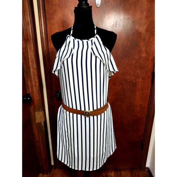 J Crew Striped Halter Ruffle Tank Small Navy White Shift Mini Summer Dress J0861 - Picture 1 of 9